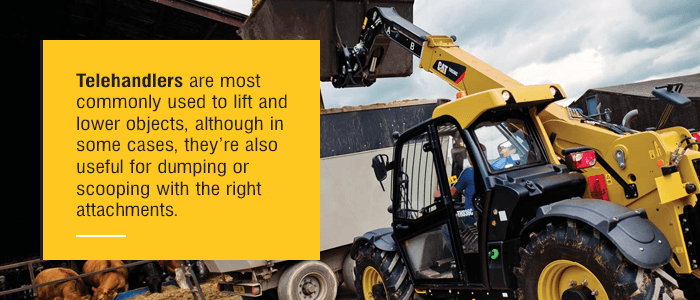 Telehandlers are most commonly used to lift and lower objects, although in some cases, they're also useful for dumping or scooping with the right attachments. 