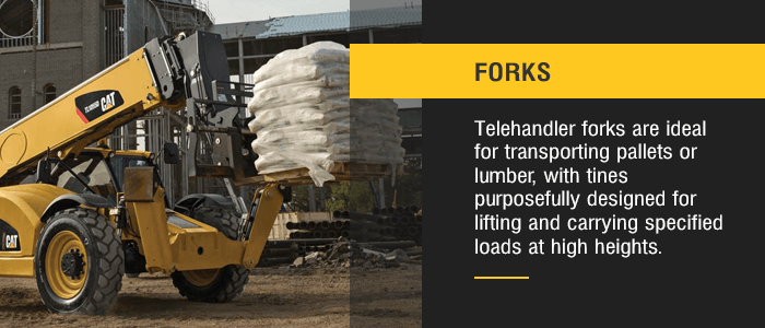 Telehandler forks are ideal for transporting pallets or lumber, with tines purposefully designed for lifting and carrying specified loads at high heights. 
